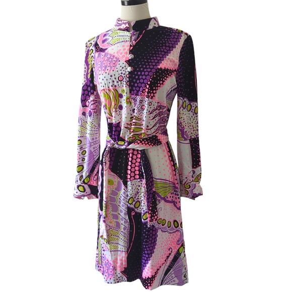 Vintage 1970s Dress Womens Purple Pink MCM Hippie Psychedelic Retro Anika XS/S - Picture 1 of 16